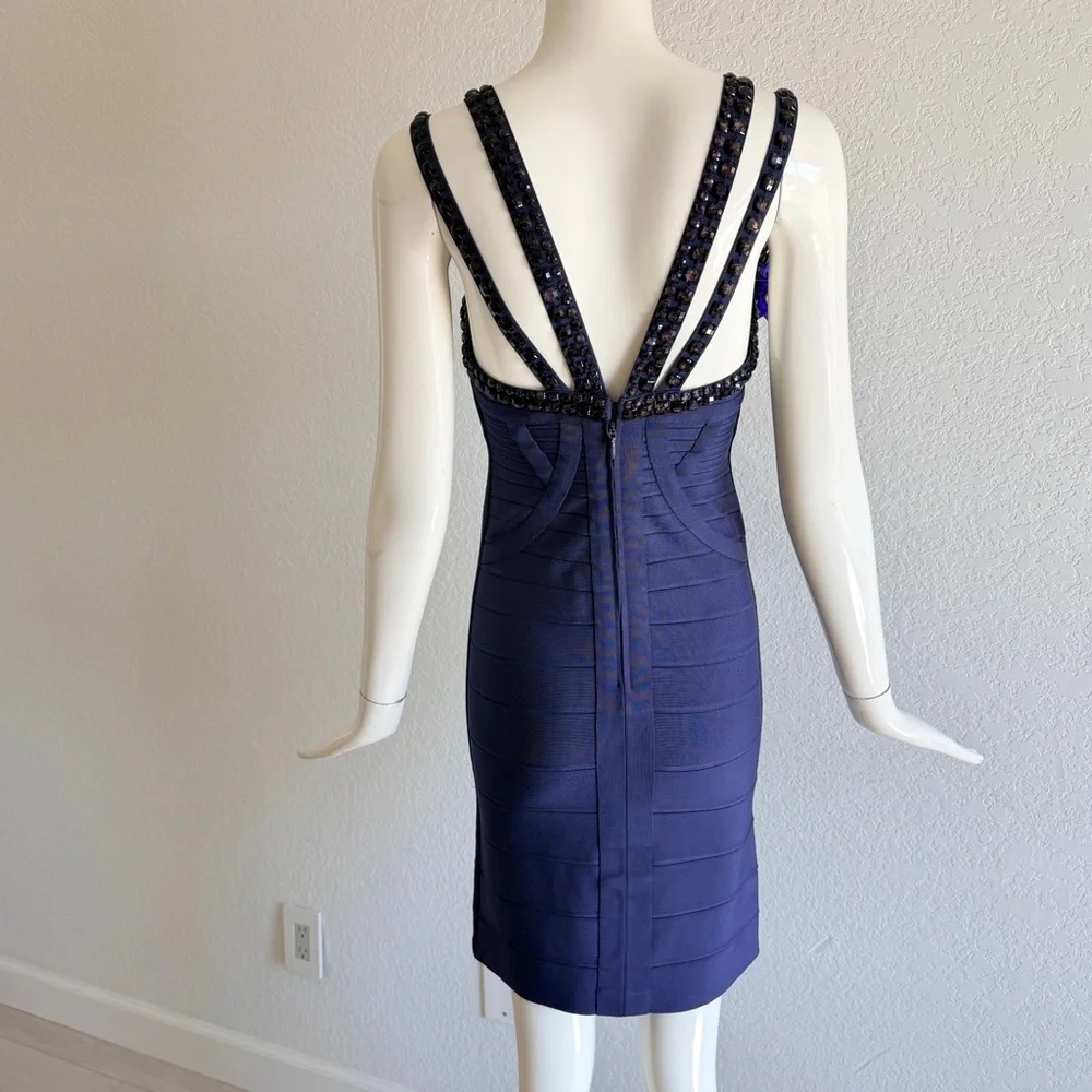 Herve Leger Navy V-Neck embellished Strap Midi Dress - Picture 5 of 8